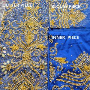 Royal Blue Net & Taffeta George Wrapper with Gold Rhinestone 3 Piece, 6 Yards